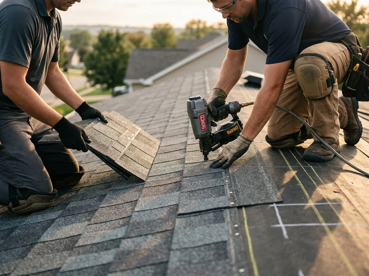 Professional roofer working on a residential roof in Bell Gardens